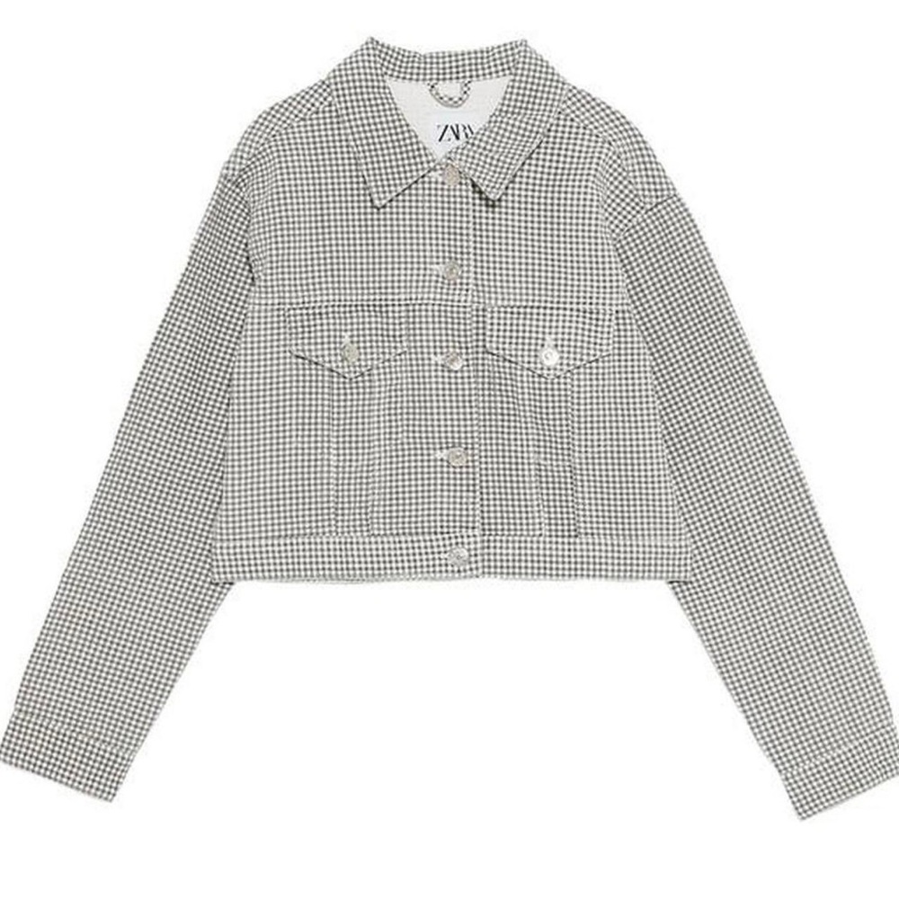 Zara cropped denim jacket 
Gingham houndstooth tweed